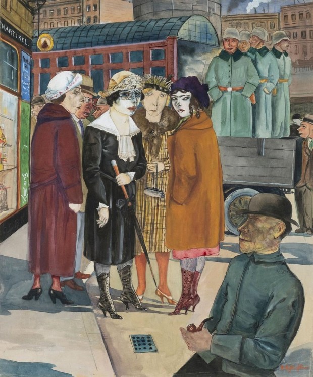 רודולף שליכטר, עוברי־אורח וחיילים, 1925-26צבע מים על נייר מוצמד לקרטון, 55.5×46.5 אוסף פרטי צילום: Studio Arnt Haug Rudolf Schlichter, Passers-by and Soldiers (Passanten und Reichswehr), 1925-26 Watercolor on paper mounted on cardboard, 55.5×46.5 Private Collection Photo: Studio Arnt Haug